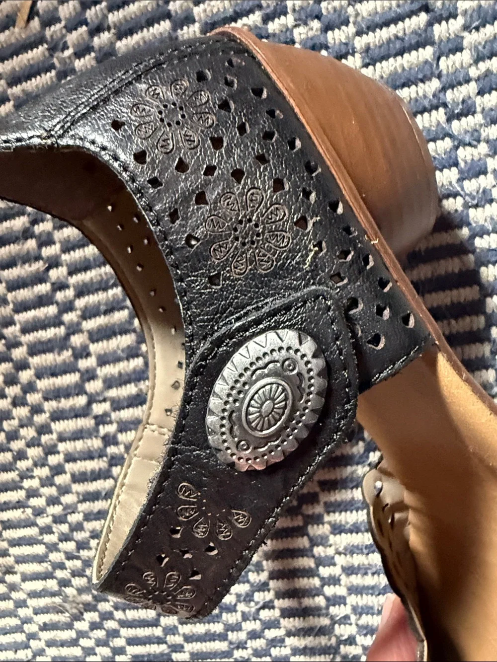 Rieker Black Laser-Cut Mary Jane heels with Ankle Strap